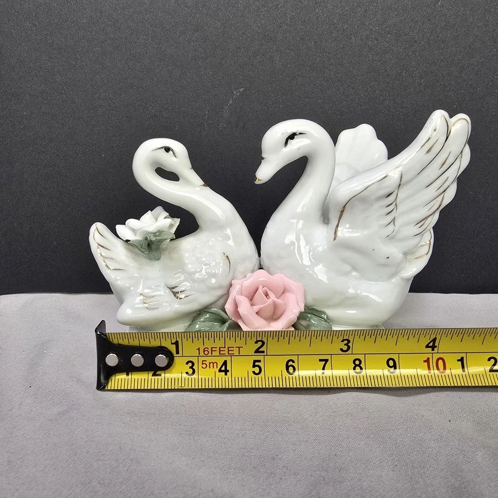 Porcelain Swan Figurine Vintage MCM Inspired Love Roses 4.5x3